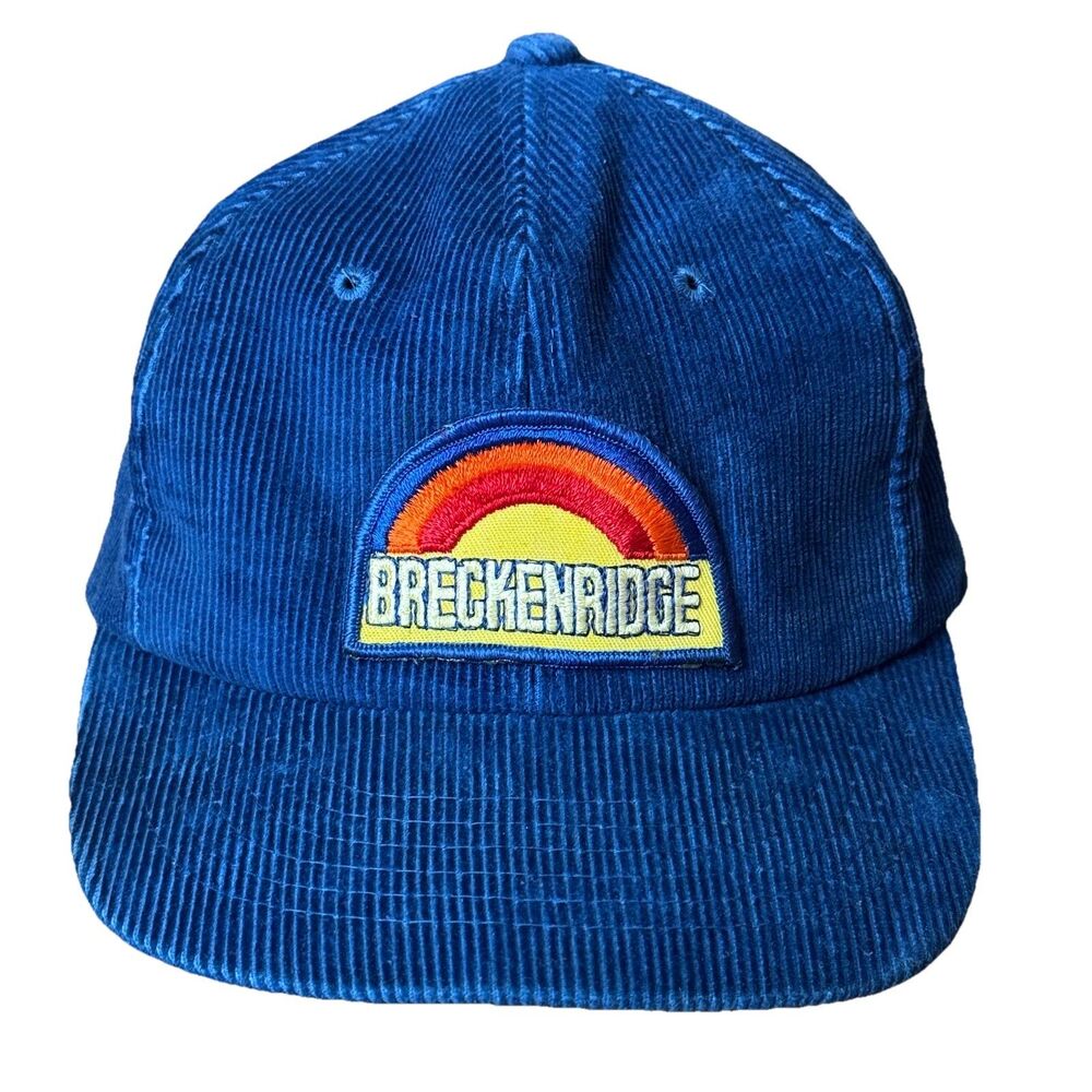 Vintage 1980s Breckenridge Corduroy Hat Snapback Blue Rainbow Patch Ski 80s OSFA